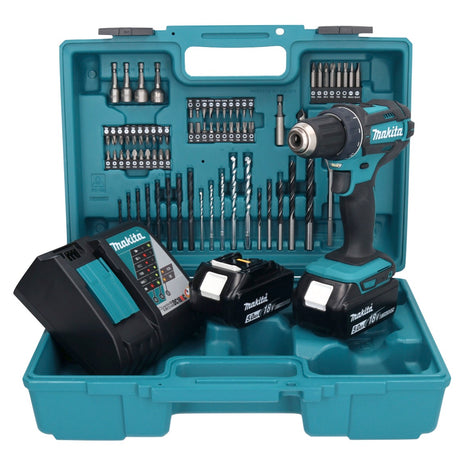 Makita DDF 482 RTX1 taladro atornillador inalámbrico 18 V 62 Nm + 2x baterías 5,0 Ah + cargador + set de accesorios 74 piezas + maletín