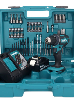 Makita DDF 482 RG1X1 taladro atornillador inalámbrico 18 V 62 Nm + 1x batería 6,0 Ah + cargador + set de accesorios 74 piezas + estuche