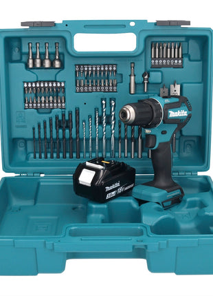 Makita DDF 485 F1X1 taladro atornillador inalámbrico 18 V 50 Nm sin escobillas + 1x batería 3,0 Ah + juego de accesorios 74 piezas + maletín - sin cargador