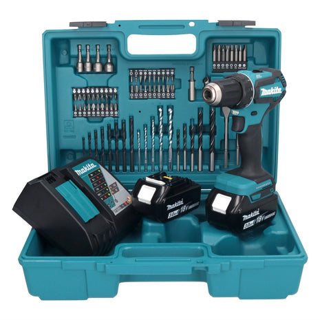 Makita DDF 485 RFX1 taladro atornillador inalámbrico 18 V 50 Nm sin escobillas + 2 baterías 3,0 Ah + cargador + set de accesorios 74 piezas + maletín