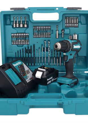 Makita DDF 485 RT1X1 Perceuse-visseuse sans fil 18 V 50 Nm sans balais + 1x Batterie 5,0 Ah + Chargeur + kit d'accessoires - 74 pièces + Mallette