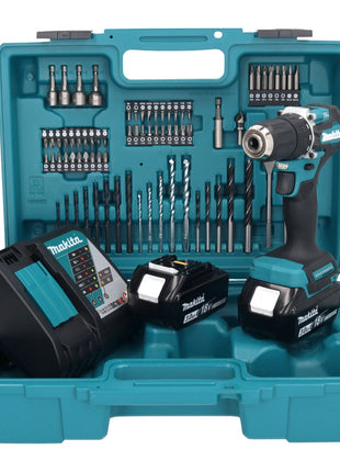 Makita DDF 487 RFX1 taladro atornillador inalámbrico 18 V 40 Nm sin escobillas + 2 baterías 3,0 Ah + cargador + set de accesorios 74 piezas + maletín