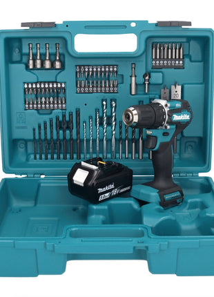 Makita DDF 487 T1X1 taladro atornillador inalámbrico 18 V 40 Nm sin escobillas + 1x batería 5,0 Ah + juego de accesorios 74 piezas + maletín - sin cargador