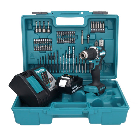 Makita DDF 487 RT1X1 perceuse-visseuse sans fil 18 V 40 Nm sans balais + 1 batterie 5,0 Ah + chargeur + jeu d'accessoires 74 pièces + mallette