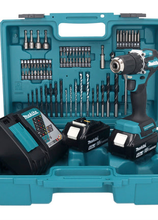 Makita DDF 487 RGX1 perceuse-visseuse sans fil 18 V 40 Nm sans balais + 2 batteries 6,0 Ah + chargeur + jeu d'accessoires 74 pièces + mallette