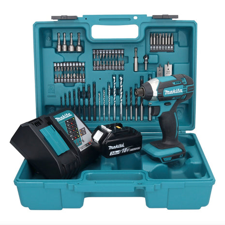 Makita DTD 152 RF1X1 llave de impacto a batería 18 V 165 Nm 1/4" + 1x batería 3,0 Ah + cargador + set de accesorios 74 piezas + estuche