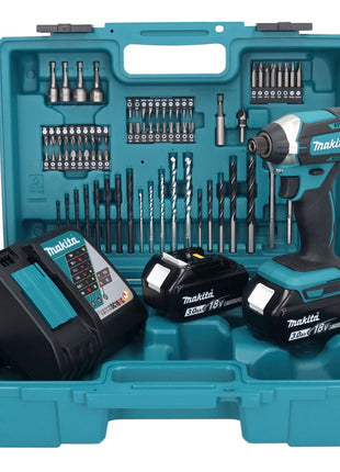 Makita DTD 152 RFX1 llave de impacto inalámbrica 18 V 165 Nm 1/4" + 2x baterías 3.0 Ah + cargador + set de accesorios 74 piezas + estuche