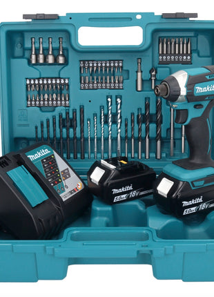 Makita DTD 152 RTX1 Akku Schlagschrauber 18 V 165 Nm 1/4" + 2x Akku 5,0 Ah + Ladegerät + 74 tlg. Zubehörset + Koffer