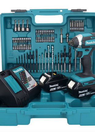 Llave de impacto a batería Makita DTD 152 RGX1 18 V 165 Nm 1/4" + 2x baterías 6,0 Ah + cargador + set de accesorios 74 piezas + estuche