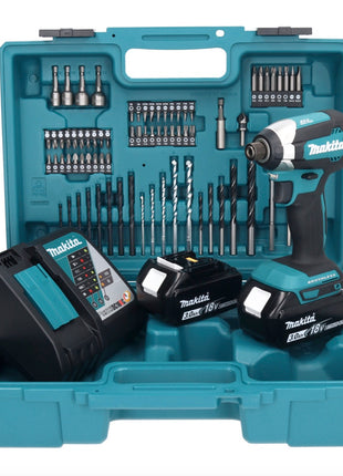 Makita DTD 153 RFX1 clé à chocs sans fil 18 V 170 Nm 1/4" sans balais + 2 batteries 3,0 Ah + chargeur + jeu d'accessoires 74 pièces + mallette