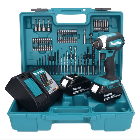 Llave de impacto a batería Makita DTD 153 RFX1 18 V 170 Nm 1/4" sin escobillas + 2x baterías 3,0 Ah + cargador + set de accesorios 74 piezas + estuche