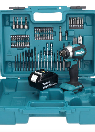 Makita DTD 153 T1X1 clé à chocs sans fil 18 V 170 Nm 1/4" sans balais + 1x batterie 5,0 Ah + jeu d'accessoires 74 pièces + mallette - sans chargeur