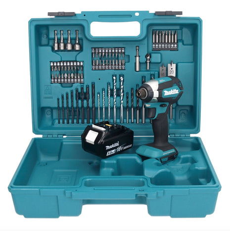 Makita DTD 153 T1X1 clé à chocs sans fil 18 V 170 Nm 1/4" sans balais + 1x batterie 5,0 Ah + jeu d'accessoires 74 pièces + mallette - sans chargeur