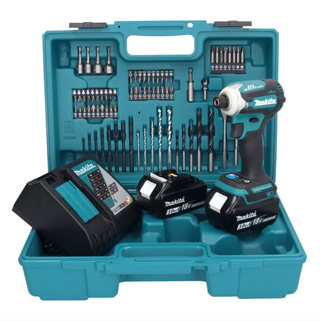 Makita DTD 171 RFX1 clé à chocs sans fil 18 V 180 Nm 1/4" sans balais + 2 batteries 3,0 Ah + chargeur + jeu d'accessoires 74 pièces + mallette