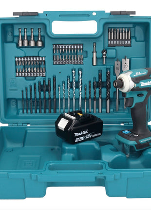 Makita DTD 171 T1X1 clé à chocs sans fil 18 V 180 Nm 1/4" sans balais + 1x batterie 5,0 Ah + jeu d'accessoires 74 pièces + mallette - sans chargeur