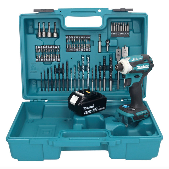 Makita DTD 171 T1X1 clé à chocs sans fil 18 V 180 Nm 1/4" sans balais + 1x batterie 5,0 Ah + jeu d'accessoires 74 pièces + mallette - sans chargeur