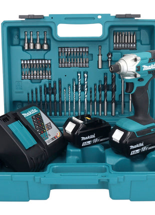 Llave de impacto a batería Makita DTD 156 RTX1 18 V 155 Nm 1/4" + 2x baterías 5,0 Ah + cargador + set de accesorios 74 piezas + estuche