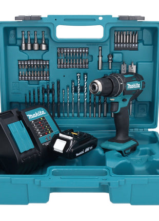 Makita DHP 482 SY1X1 perceuse à percussion sans fil 18 V 62 Nm + 1x batterie 1,5 Ah + chargeur + jeu d'accessoires 74 pièces + mallette