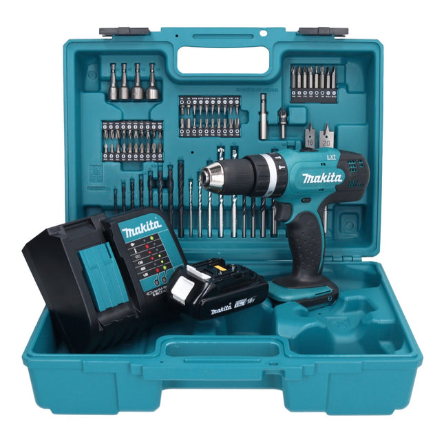 Makita DHP 453 SY1X1 perceuse à percussion sans fil 18 V 42 Nm + 1x batterie 1,5 Ah + chargeur + jeu d'accessoires 74 pièces + mallette