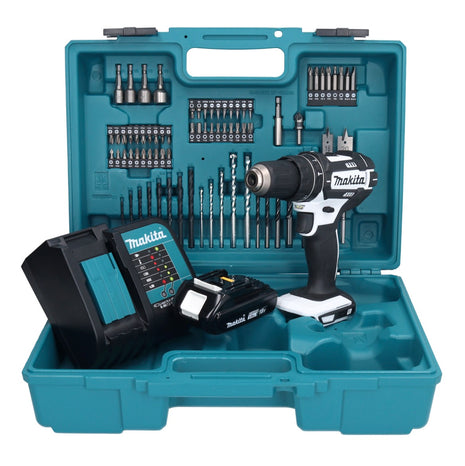 Makita DHP 482 SY1X1W perceuse à percussion sans fil 18 V 62 Nm + 1 batterie 1,5 Ah + chargeur + jeu d'accessoires 74 pièces + mallette