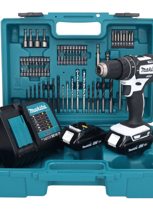 Taladro percutor inalámbrico Makita DHP 482 SYX1W 18 V 62 Nm + 2x baterías 1,5 Ah + cargador + set de accesorios 74 piezas + estuche