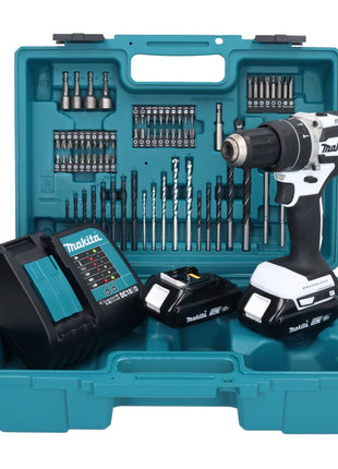 Makita DHP 484 SYX1W perceuse à percussion sans fil 18 V 54 Nm sans balais blanc + 2 batteries 1,5 Ah + chargeur + jeu d'accessoires 74 pièces + mallette