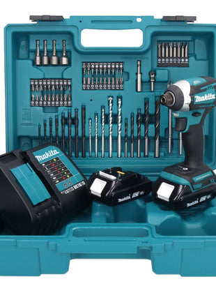 Makita DTD 154 SYX1 clé à chocs sans fil 18 V 175 Nm 1/4" sans balais + 2 batteries 1,5 Ah + chargeur + jeu d'accessoires 74 pièces + mallette