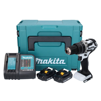 Makita DHP 484 SYJ W perceuse à percussion sans fil 18 V 54 Nm sans balais blanc + 2x batteries 1,5 Ah + chargeur + Makpac