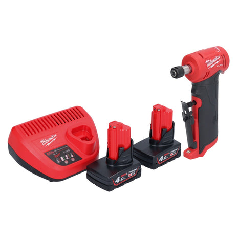 Milwaukee M12 FDGA-402 Geradschleifer abgewinkelt 12 V 6 / 8 mm Brushless + 2x Akku 4,0 Ah + Ladegerät