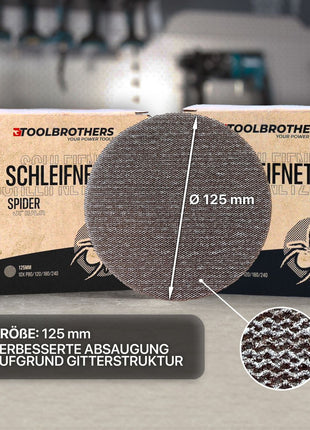 DBO 180 Z Akku Exzenterschleifer 18 V 125 mm + Toolbrothers SPIDER Netzschleifmittel Set - ohne Akku, ohne Ladegerät, Ideal für Heimwerker, Schleifen, fest montierte Staubbox - Toolbrothers