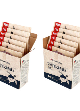 Toolbrothers TURTLE Schleifset 2 Packungen 120x Schleifscheiben 150 mm Klett 6 Loch  je 20x P40 / P60 / P80 / P120 / P180 / 240 für Hartholz, Weichholz, Lack, Stein, Stahl, Aluminium, Furnier - Toolbrothers