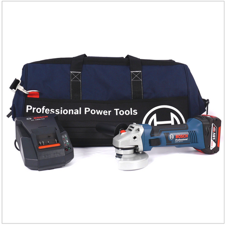 Bosch GWS 18 V-Li Professional 115 mm Winkelschleifer Set mit GBA 4,0 Ah Li-Ion Akku, Bosch AL 1860 CV Ladegerät, Bosch Werkzeugtasche - Toolbrothers