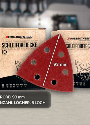 Toolbrothers FOX Schleifset Delta Schleifdreiecke 2 Packungen 93 x 93 x 93 mm Klett 6 Loch je 20x P40 / P60 / P80 / P120 / P180 / 240 für Hartholz, Weichholz, Lack, Stein, Stahl, Aluminium, Furnier - Toolbrothers