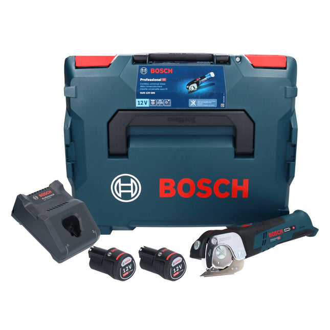 Bosch GUS 12V-300 Professional Cisaille universelle sans fil 12 V ( 06019B2904 ) + 2x batterie 2,0 Ah + chargeur + L-Boxx