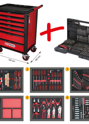 KS TOOLS RACINGline SCHWARZ/ROT Werkstattwagen mit 7 Schubladen und 598 Premium-Werkzeugen ( 826.7598 ) - Toolbrothers