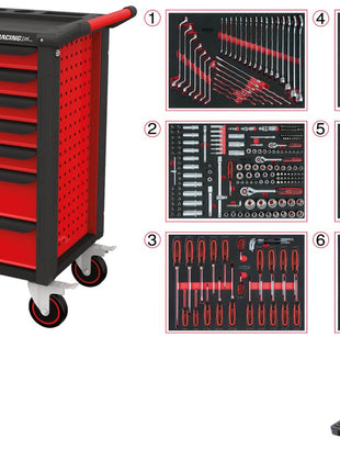 KS TOOLS RACINGline SCHWARZ/ROT Werkstattwagen mit 7 Schubladen und 598 Premium-Werkzeugen ( 826.7598 ) - Toolbrothers