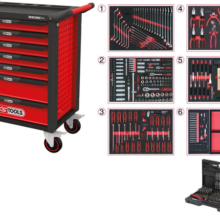 KS TOOLS RACINGline SCHWARZ/ROT Werkstattwagen mit 7 Schubladen und 598 Premium-Werkzeugen ( 826.7598 ) - Toolbrothers