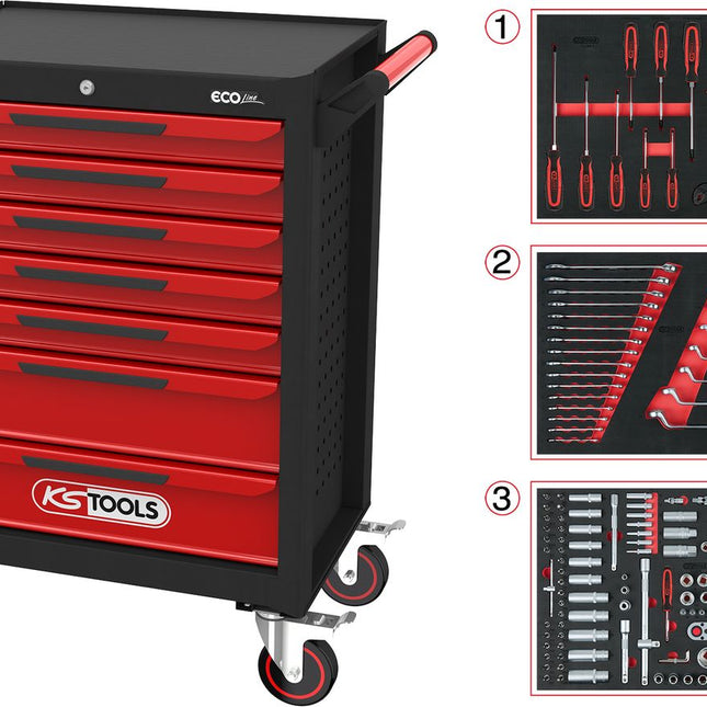 KS TOOLS ECOline SCHWARZ/ROT Werkstattwagen mit 7 Schubladen und 215 Premium-Werkzeugen ( 897.7215 ) - Toolbrothers