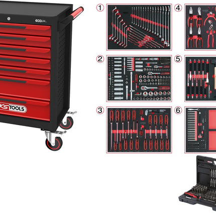 KS TOOLS ECOline Servante d'atelier NOIR/ROUGE avec 7 tiroirs et 598 outils d'excellente qualité ( 897.7598 )
