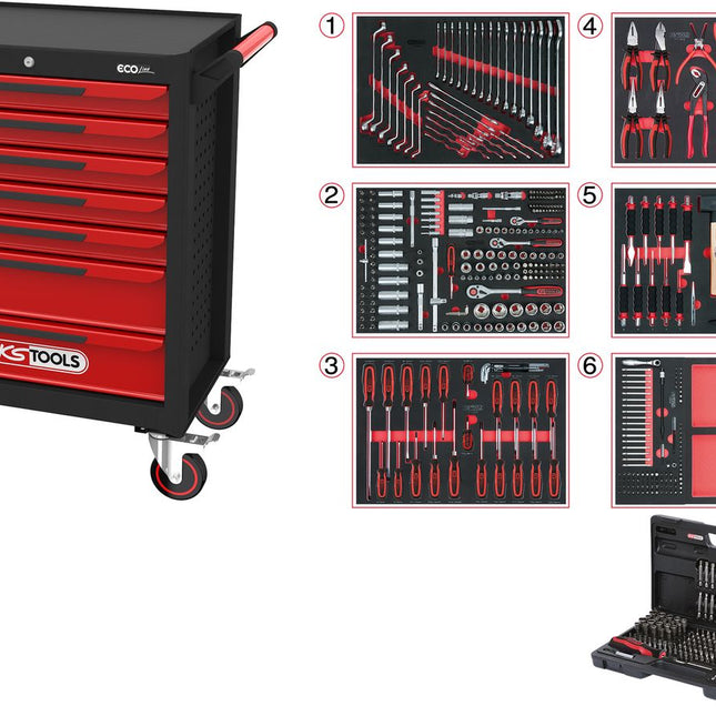 KS TOOLS ECOline Servante d'atelier NOIR/ROUGE avec 7 tiroirs et 598 outils d'excellente qualité ( 897.7598 )