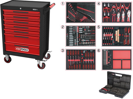 KS TOOLS ECOline Servante d'atelier NOIR/ROUGE avec 7 tiroirs et 598 outils d'excellente qualité ( 897.7598 )