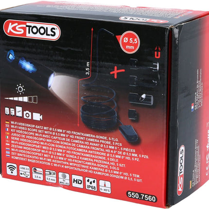 KS TOOLS Wi-Fi-Videoskop-Satz mit Ø 5,5 mm 0° HD Frontkamera-Sonde, 5-tlg ( 550.7560 ) - Toolbrothers