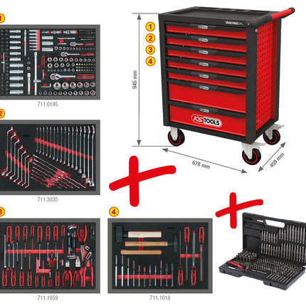 KS TOOLS RACINGline Servante d'atelier NOIR/ROUGE avec 7 tiroirs et 515 outils d'excellente qualité ( 826.7515 )