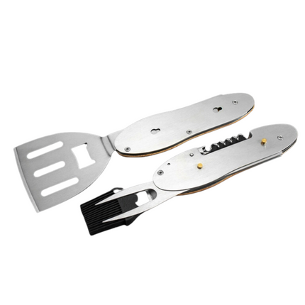 Toolbrothers Outdoor Multitool Grill, ustensiles de barbecue en acier inoxydable avec fourchette, cuillère à barbecue, grille à viande, décapsuleur et tire-bouchon 5 pcs.