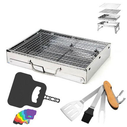 Toolbrothers Outdoor portable charbon de bois inox grill set pour le camping montage sans outils 43 x 29 x 23 cm argent + couverts de grill , gants de grill & pots de grill 8 pcs.