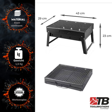 Toolbrothers Outdoor portable grill au charbon de bois pour le camping set de montage sans outils 43 x 29 x 23 cm noir + couverts, gants et gobelets pour grill 8 pcs.