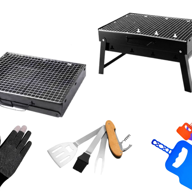 Toolbrothers Outdoor portable grill au charbon de bois pour le camping set de montage sans outils 43 x 29 x 23 cm noir + couverts, gants et gobelets pour grill 8 pcs.