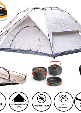 Toolbrothers Outdoor Camping-Set Tente pour 2-4 personnes Tente hydraulique avec matelas isolant & équipement de camping 14 pcs.