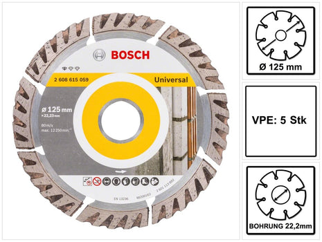 Bosch Standard for Universal Disques à tronçonner diamantés 125 x 22,23 mm 5 pces ( 5x 2608615059 ) pour béton, acier-béton, brique, calcaire et sable-pierre