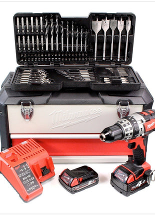 Milwaukee M18 MBox 100PD-421C 18 V Akku Schlagbohrschrauber + 2 Akkus + Ladegerät + 100 tlg. Bit- und Bohrer Set im Koffer - Toolbrothers